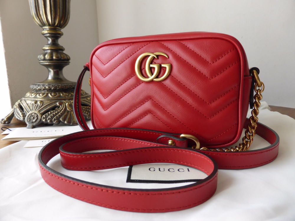 Gucci Calfskin Matelasse Small GG Marmont Shoulder Bag Hibiscus Red