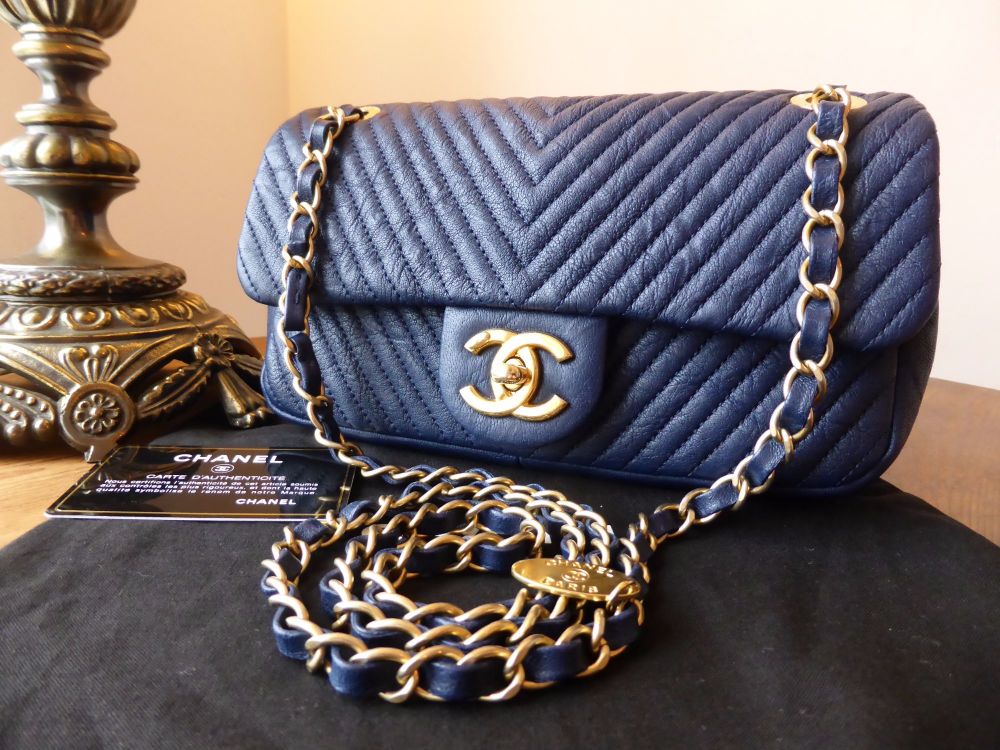 Chanel Small Chevron Quilted Flap Bag in Navy Distressed Lambskin - SOLD