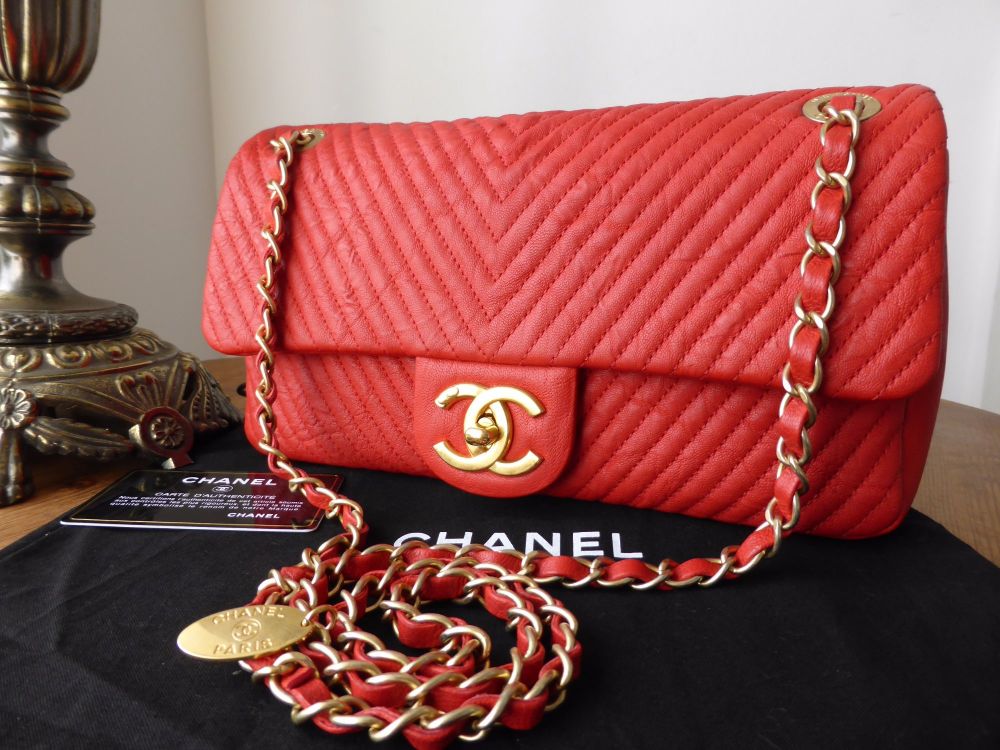 Chanel Medium Chevron Quilted Flap Bag in Coral Red Distressed Lambskin - SOLD