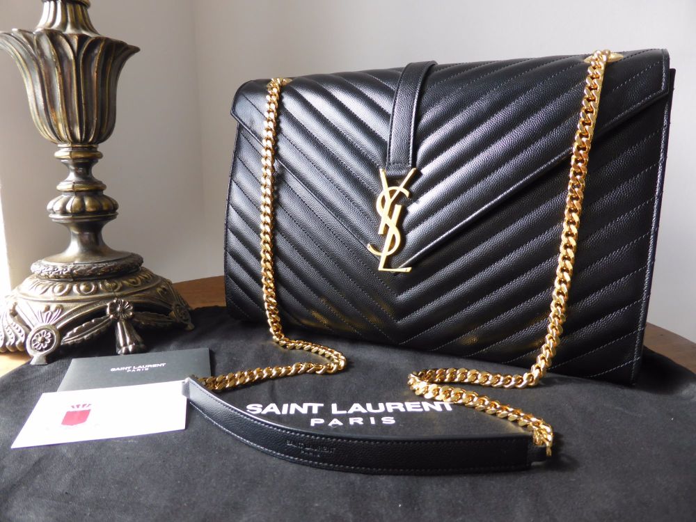 Saint Laurent YSL Large Envelope Chain Flap Bag in Black Grain de Poudre Textured Matelasse - SOLD