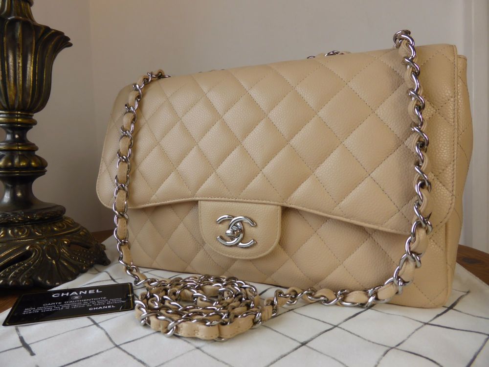Chanel Classic Jumbo Single Flap In Beige Clair Caviar With Silver Hardware  SOLD
