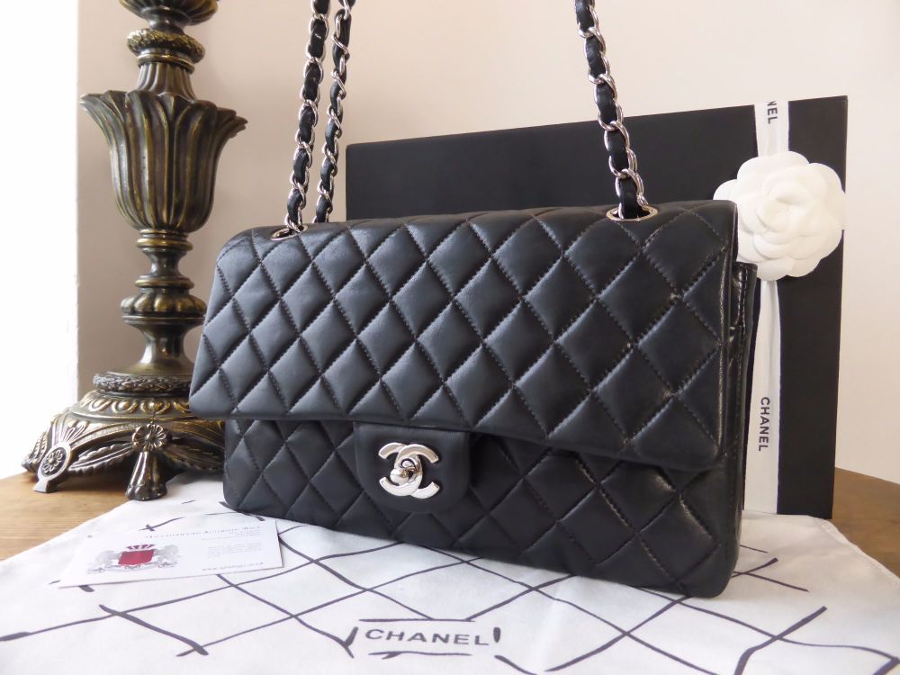 Chanel Classic Medium 2.55 Double Flap Black Lambskin Leather with Silver  Hardware - SOLD