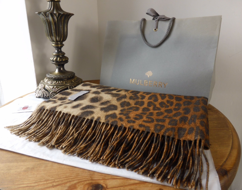 Mulberry Large Fringed Scarf in Reversible Flame Leopard & Tiger Print Wool & Cashmere Blend - SOLD