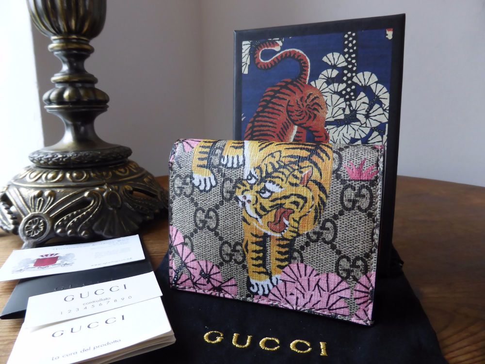 Gucci Bengal Tiger Print GG Supreme Compact Purse Card Wallet - New