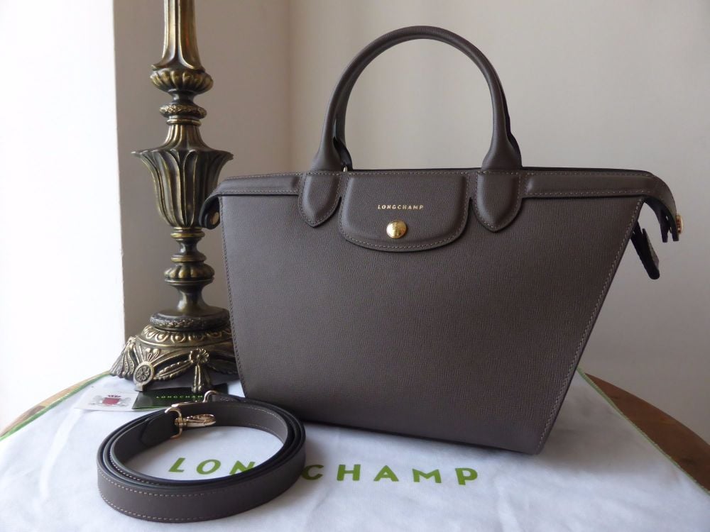 Longchamp Le Pliage Heritage Medium Tote in Grey Saffiano Leather - New