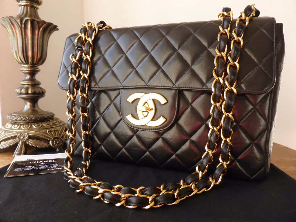 Vintage Chanel Mademoiselle Jumbo Single Flap Black Lambskin Gold Hardware  in 2023