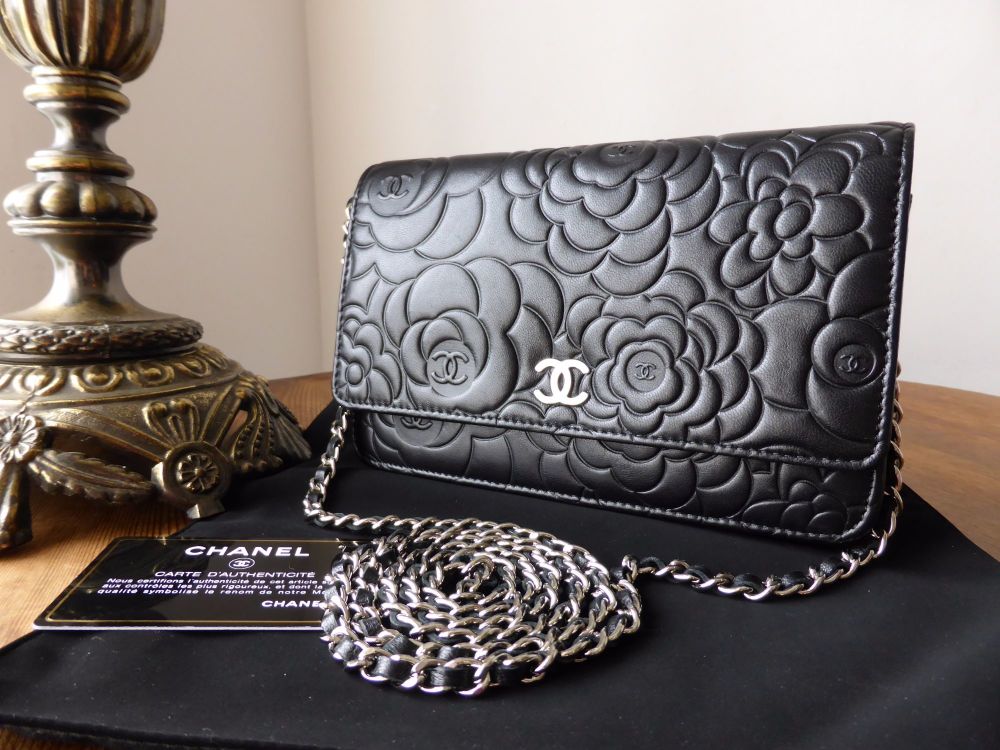 CHANEL Black Camellia Embossed WOC Wallet On Chain Shoulder Bag