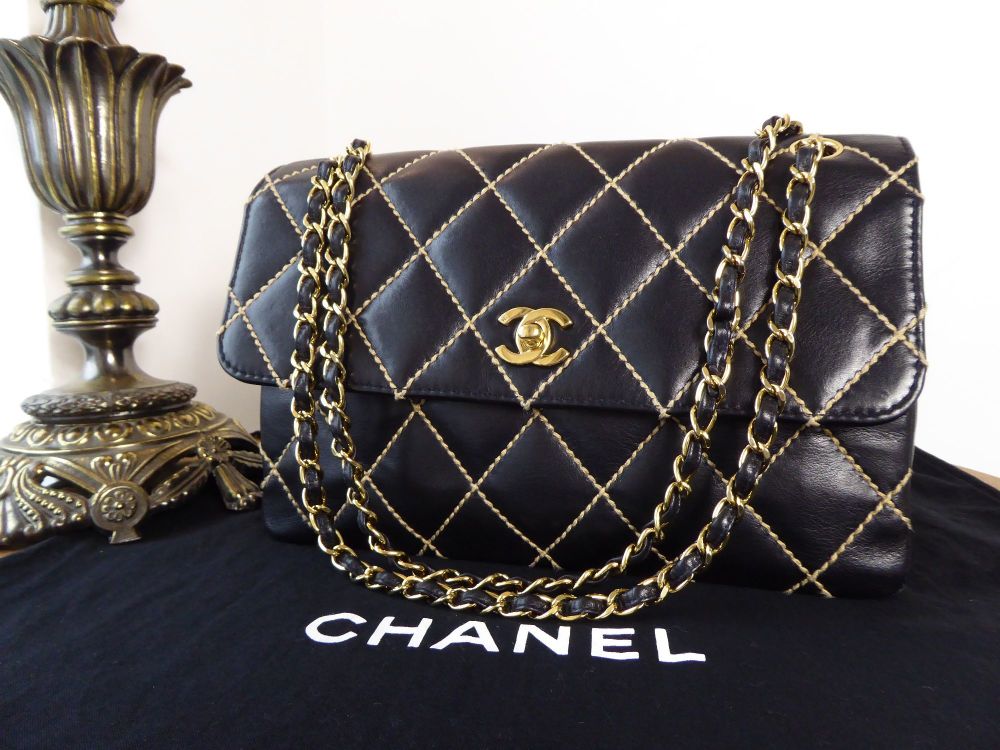 Chanel Surpique Quilted Wild Stitch Black Calfskin Medium Flap Bag with Gol