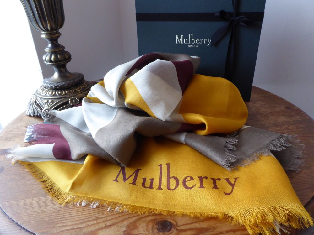 Mulberry 'M' Print Silk Blend Square Scarf in Sunflower & Oxblood - SOLD