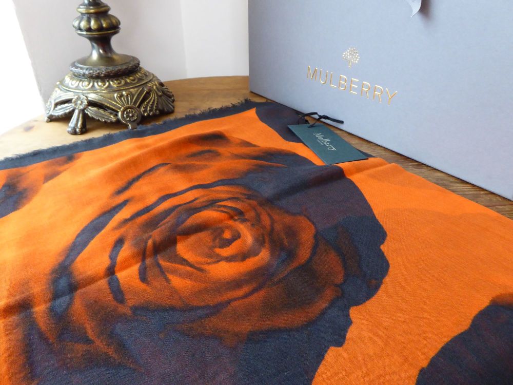 Mulberry Printed Rose Floating Rose Wrap Scarf in Orange & Black Silk Blend