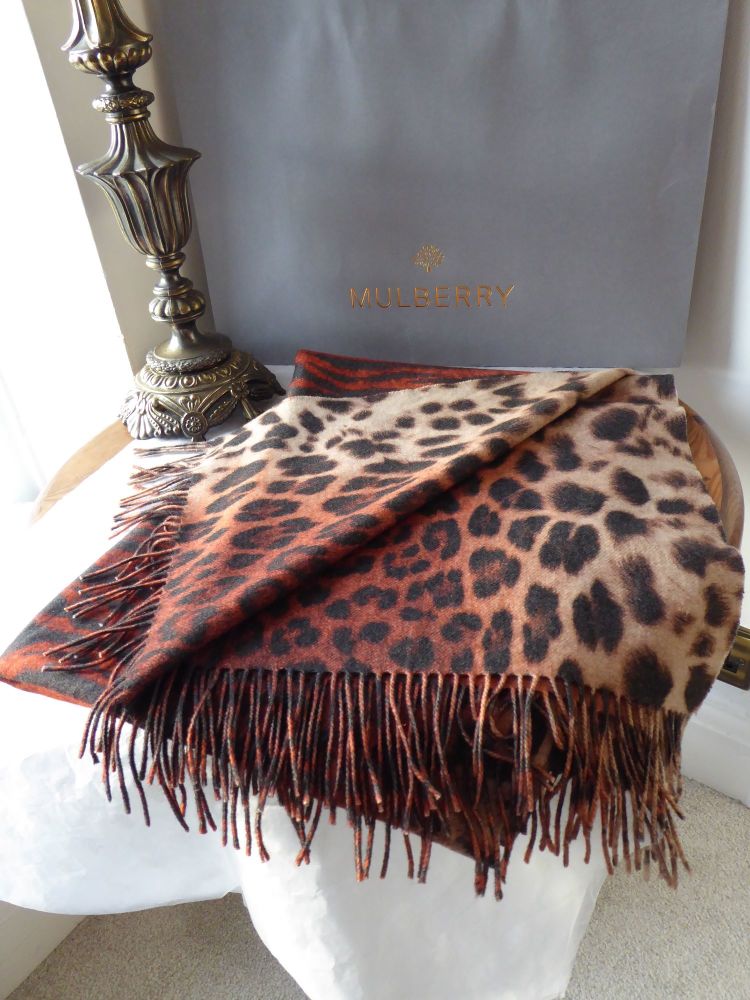 Mulberry Large Fringed Scarf in Reversible Flame Leopard & Tiger Print Wool