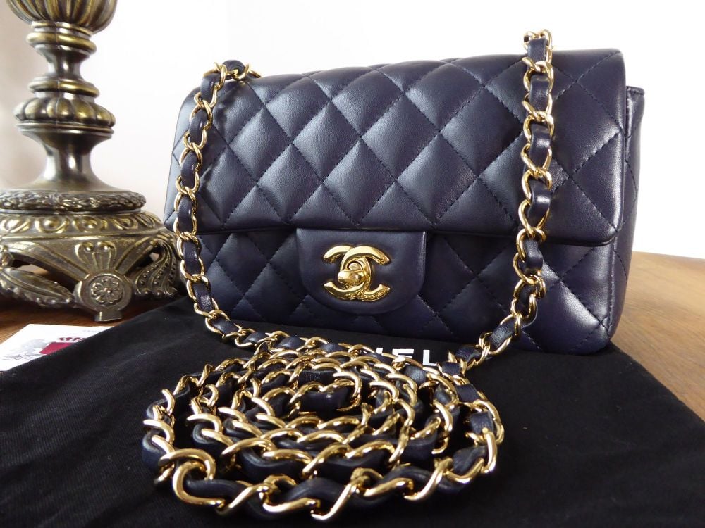 Chanel Mini Rectangular Classic Flap in Navy Lambskin with Gold Hardware 
