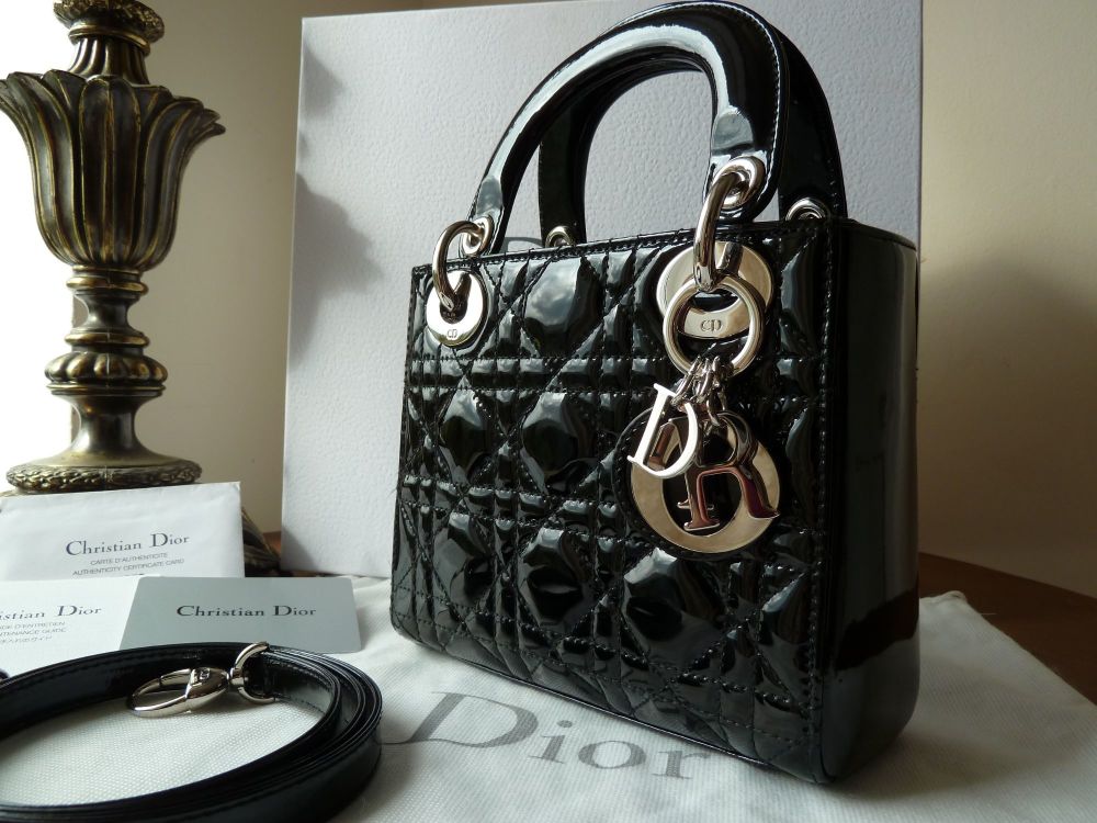 Dior Lady Dior Mini Tote in Black Patent with Silver Hardware 