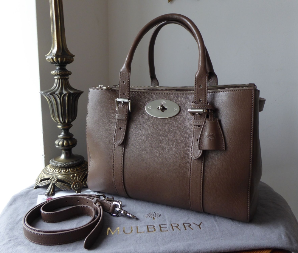 Mulberry Large Bayswater Double Zip Tote in Taupe Shiny Goat Leather