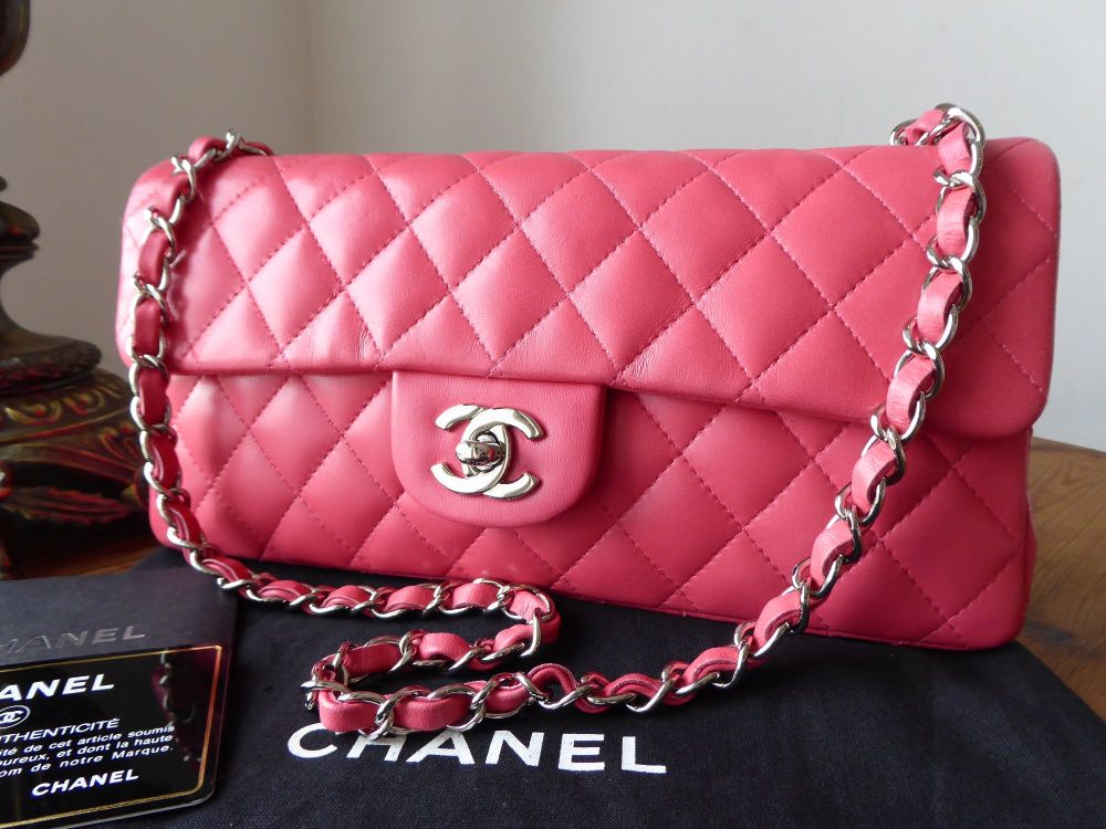 Chanel East West Quilted Flap Bag in Peony Rose Calfskin with Silver ...