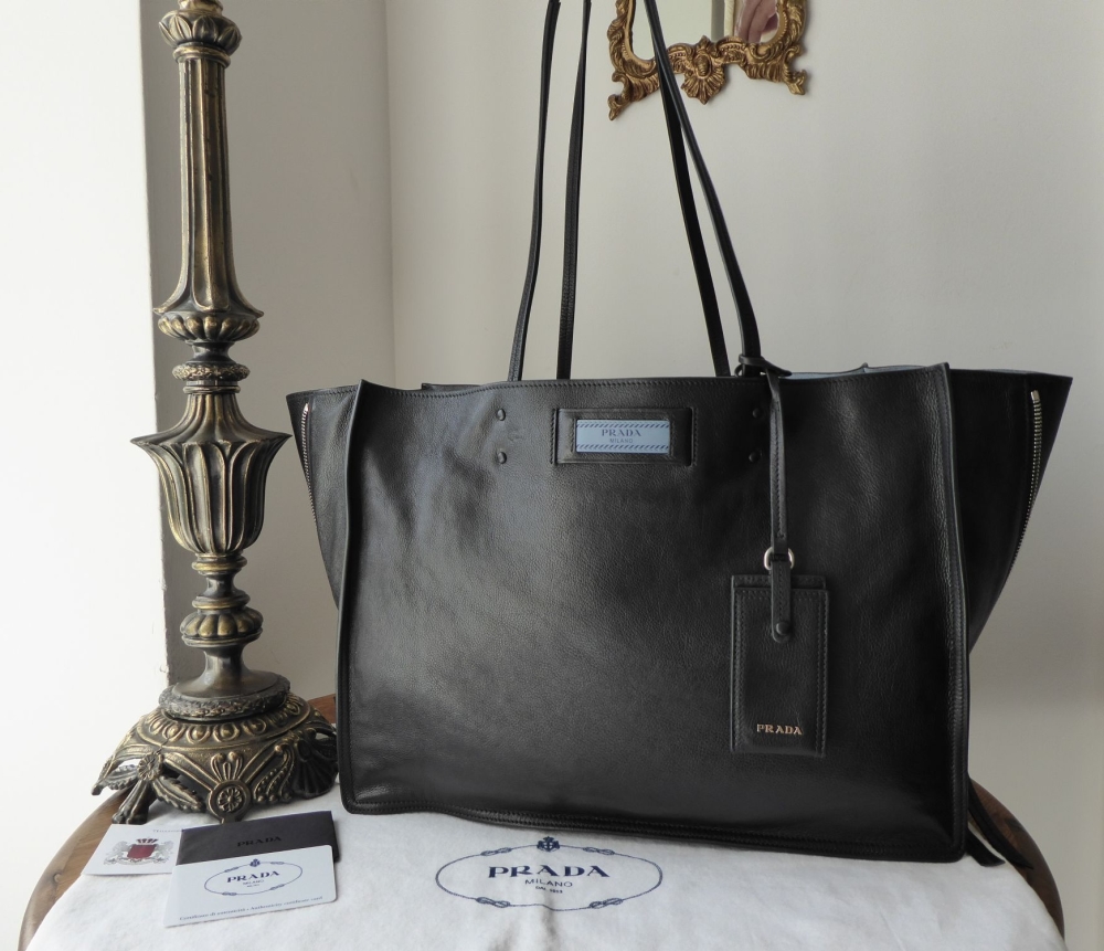 Prada Etiquette Tote in Black Glace Calfskin with Astral Blue Suede Lining  & Felt Handbag Liner - SOLD