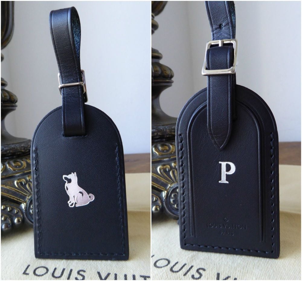 Louis Vuitton Black Leather Luggage Tag Heat Stamped Year of the Dog Initialled P - SOLD
