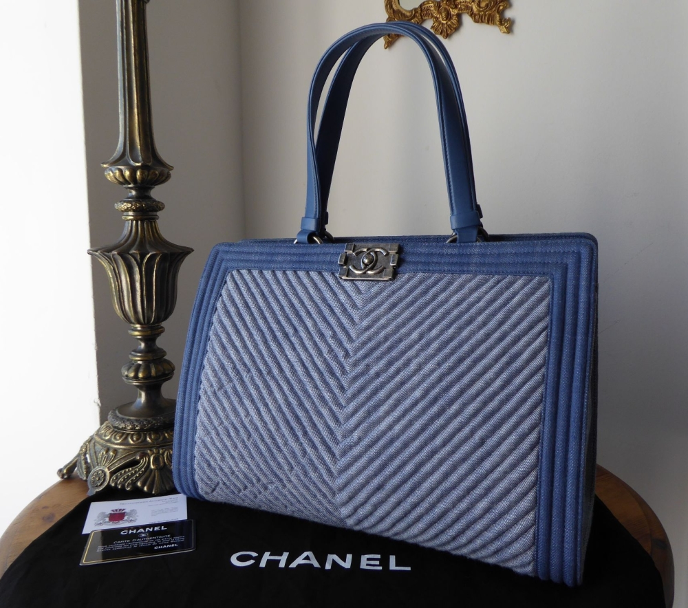 Chanel Chevron Quilted Large Boy Shopping Tote in Light Blue Denim - SOLD