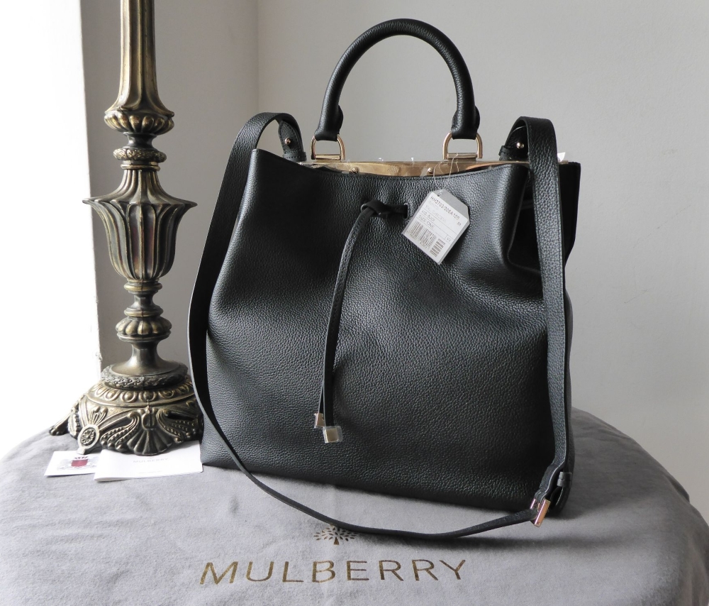 Mulberry Large Kensington Drawstring Satchel in Black Small Classic Grain - SOLD