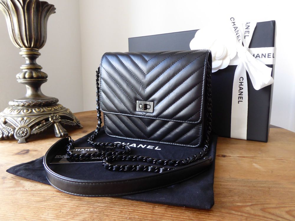 Chanel Square Wallet On Chain Reissue 'So Black' Chevron Quilted Calfskin  SOLD