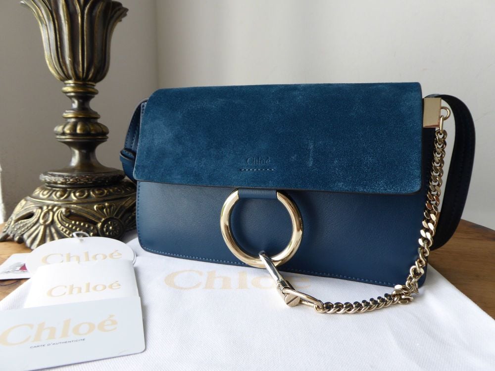 Chloe Faye Small Shoulder Bag in Majolica Blue Smooth Calf and Suede
