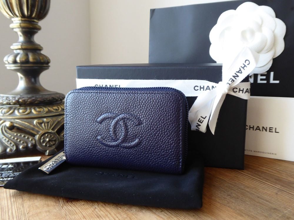 Chanel Small Zip Around Card Wallet in Marine Blue Caviar with Silver Hardw
