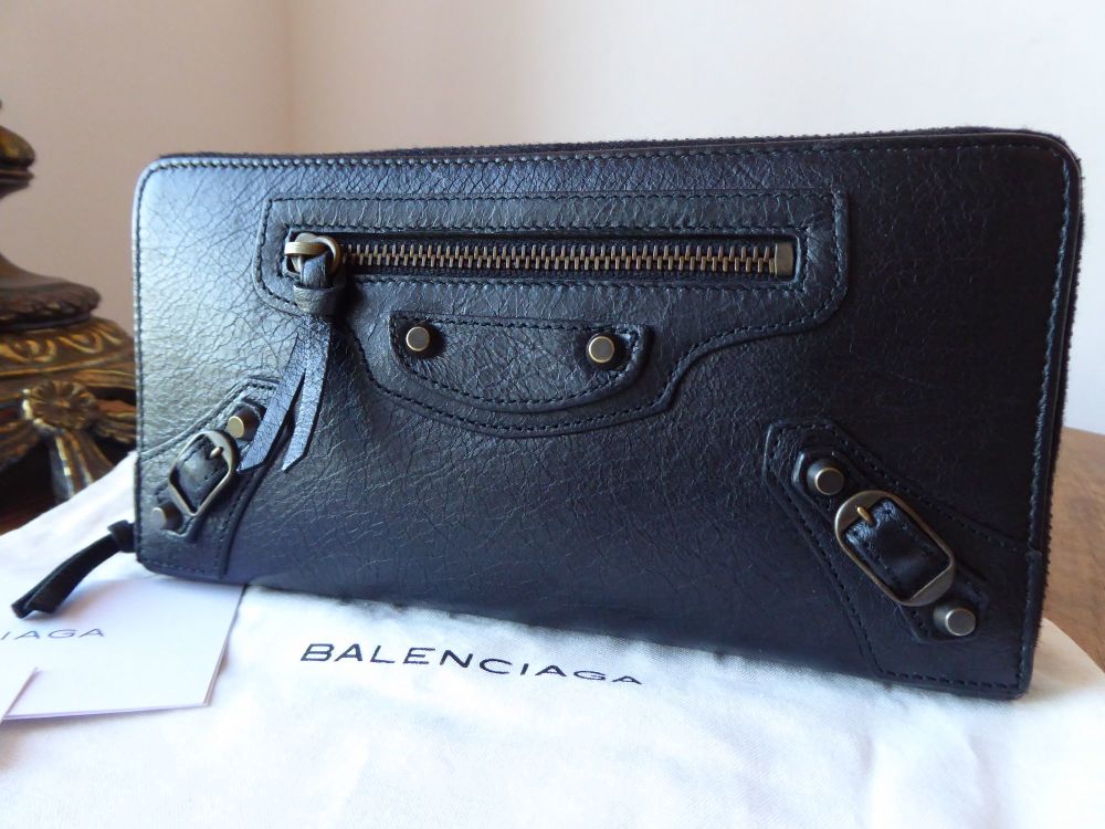 Balenciaga Classic Zip Around Continental Purse in Black Lambskin 