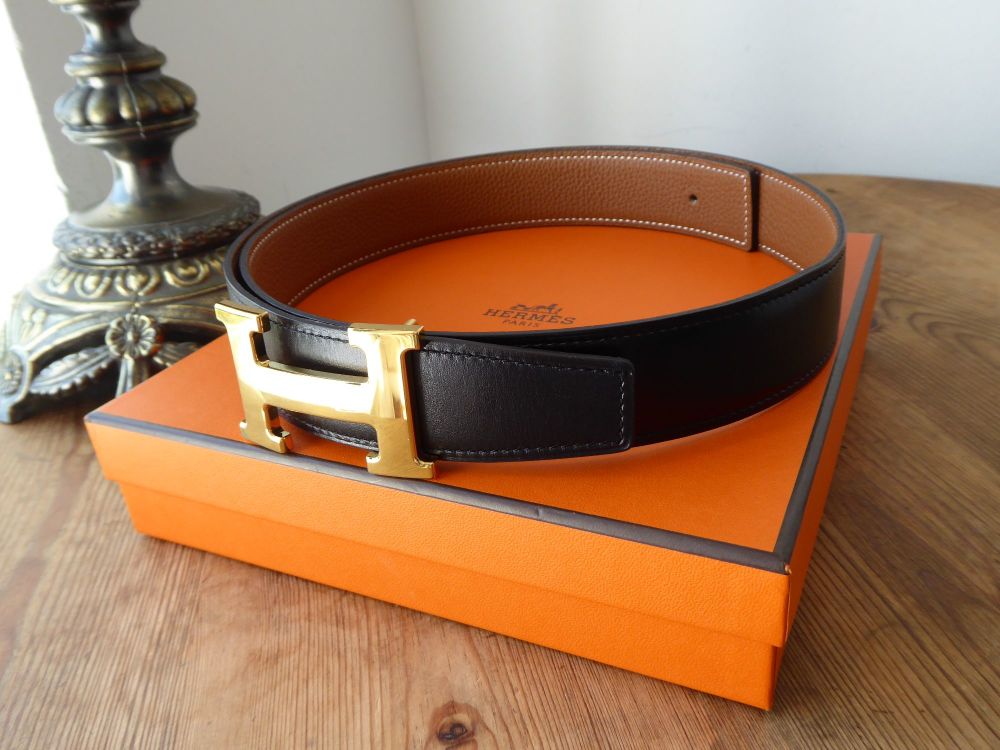 Hermes 32mm Black/Orange Constance H Belt 80cm Brushed Gold Buckle