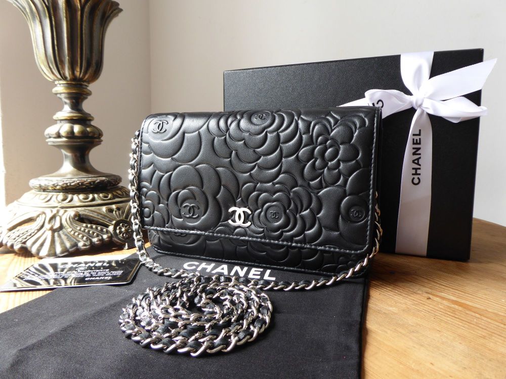 Chanel Lambskin Camellia Wallet On Chain WOC Black Silver HW