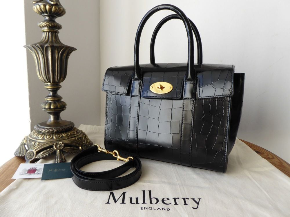 Mulberry Small New Style Bayswater in Black Polished Croc Embossed Leather