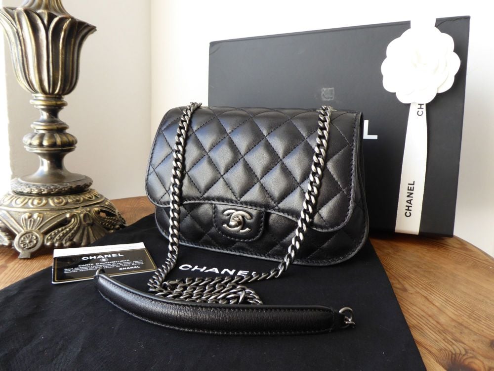 Chanel O Small Quilted Saddle Flap in Black Glazed Lambskin with Ruthenium  Hardware - SOLD