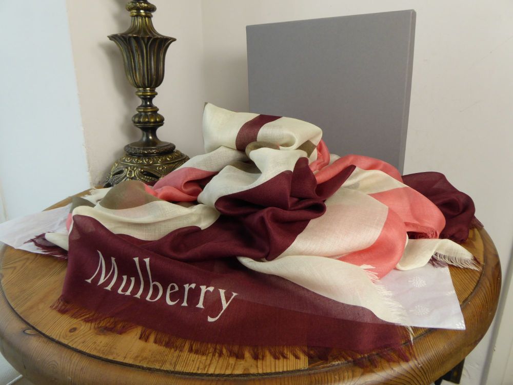Mulberry 'M' Print Silk Blend Square Scarf in Oxblood, Peach and White - SOLD