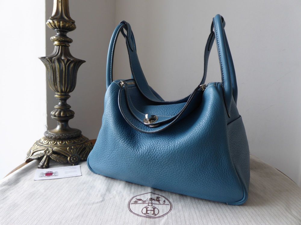 Hermes Lindy 30 in Blue Jean Taurillon Clemence Leather with Palladium Hard