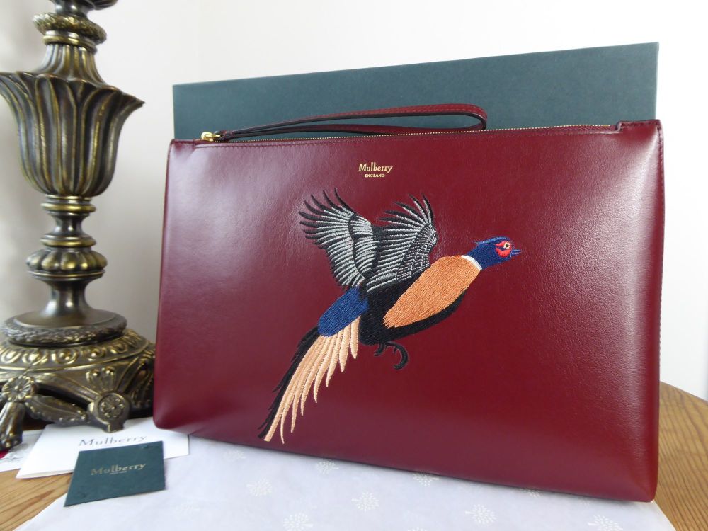 Mulberry Pheasant Embroidered Large Zip Pouch Wristlet in Crimson Smooth Calf - SOLD