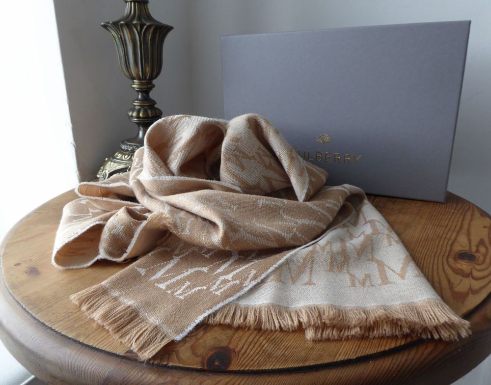 Mulberry M Monogram Jacquard Knit Scarf in Soft Camel and Cream 100% Wool - SOLD