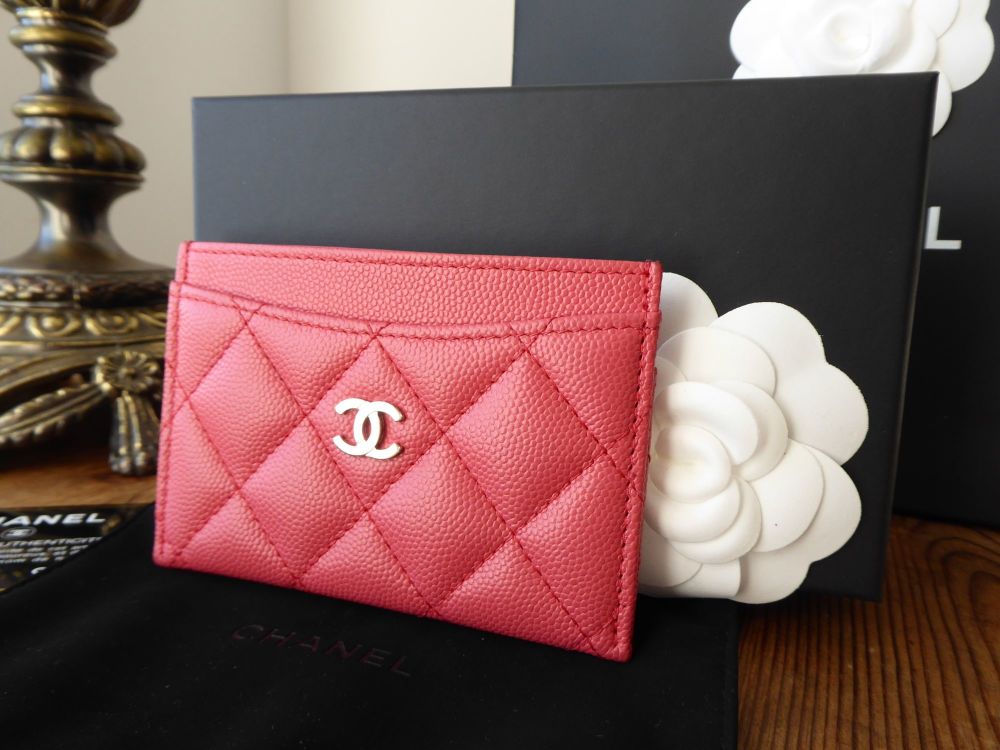 Chanel Card Slip Case in Peony Pink Caviar with Shiny Silver Hardware 