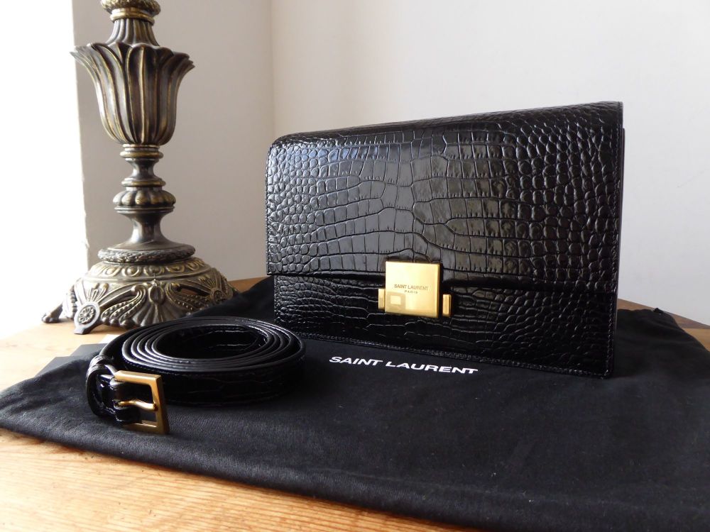 Saint Laurent Bellechasse Shoulder Bag in Glossy Black Croc Embossed Calfskin - SOLD