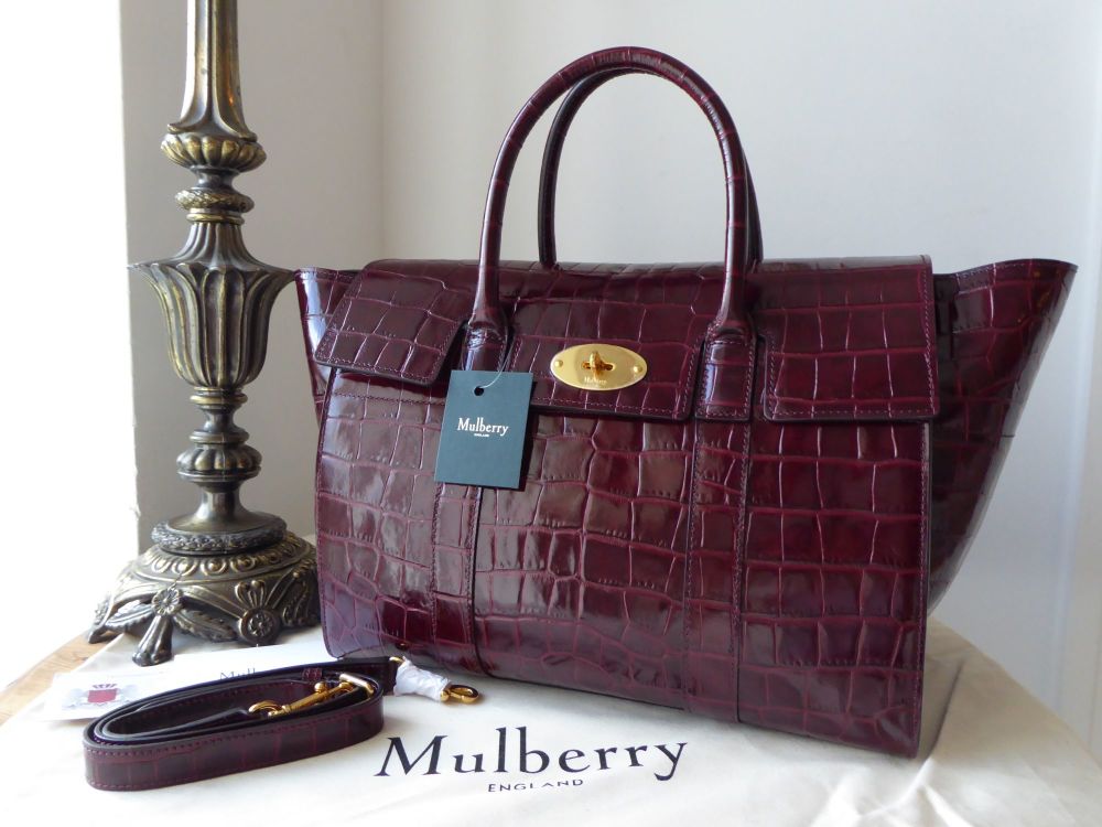 Mulberry Bayswater with Strap in Burgundy Croc Printed Calfskin - New 