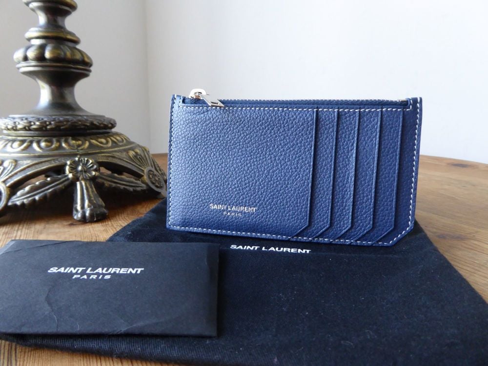Saint Laurent Paris 5 Fragments Zip Pouch Card Holder in Blue Grained Leather - SOLD