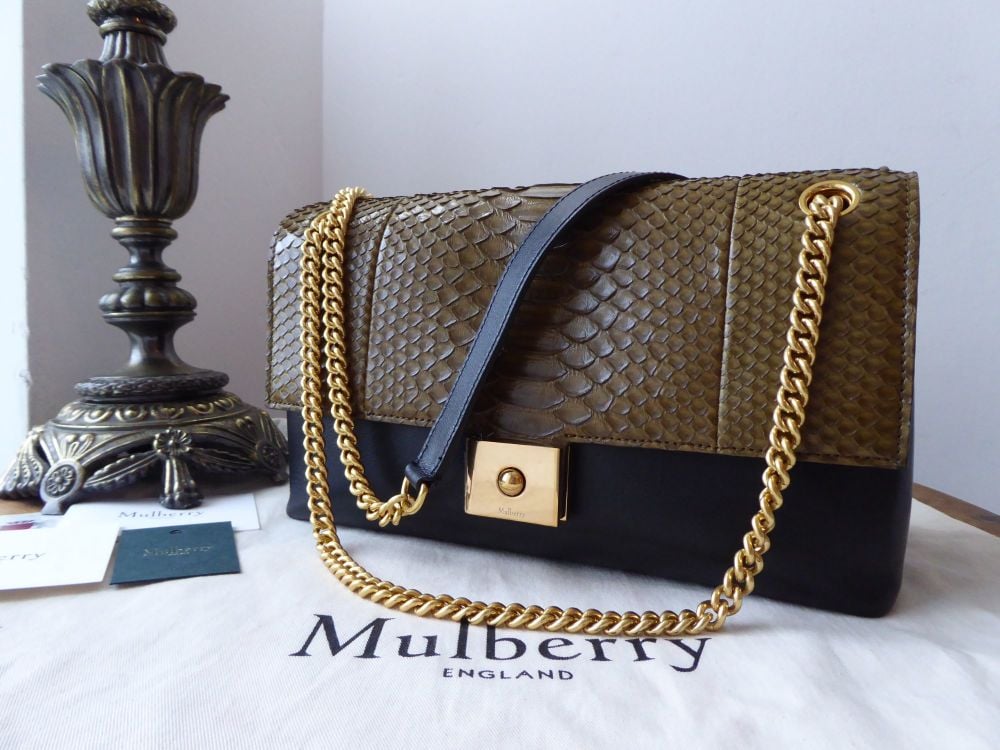 Mulberry Cheyne in Khaki Python and Black Smooth Calf - New