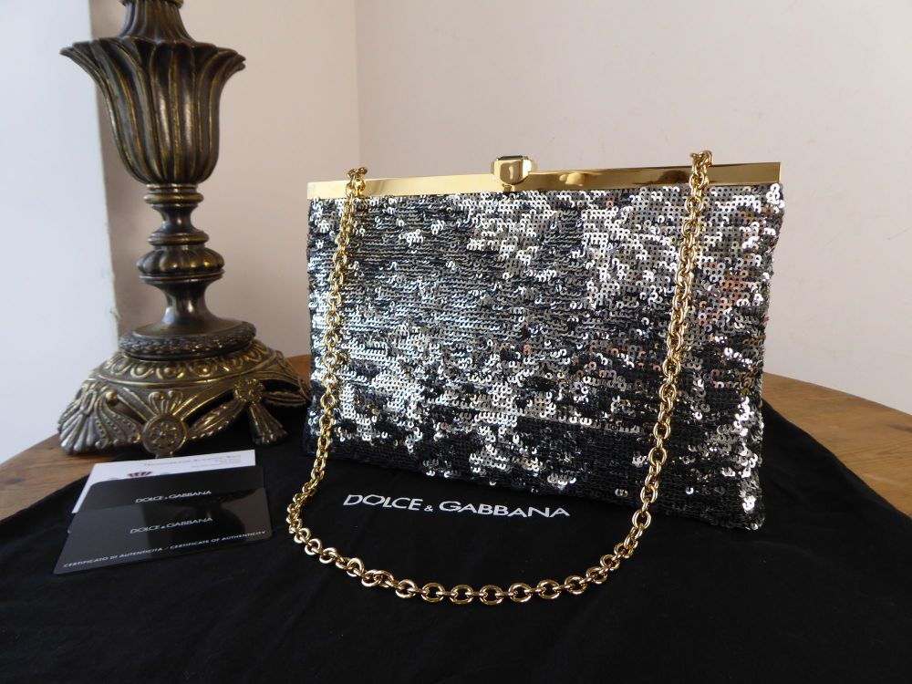 Dolce & Gabbana Metallic Silver Sequin Convertible Shoulder Clutch