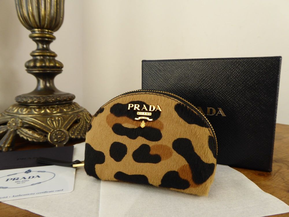 Prada Small Coin Zip Pouch Purse Cavallino Stamp in Leopard Printed Calf Ha