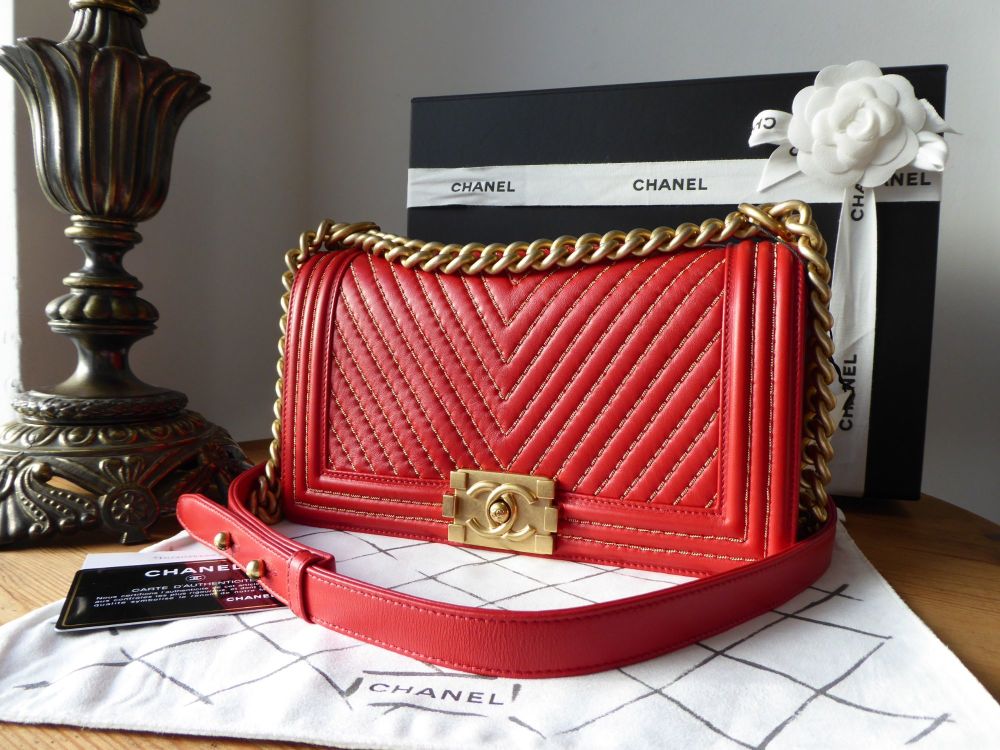 Chanel Old Medium Chevron Quilted Boy Bag in Flame Red Lambskin - SOLD