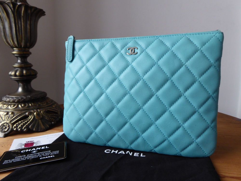 Chanel Medium O Case in Tiffany Blue Lambskin with Silver Hardware 