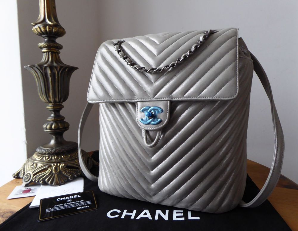 Chanel Urban Spirit Chevron Quilted Backpack in Iridescent Metallic Silver 