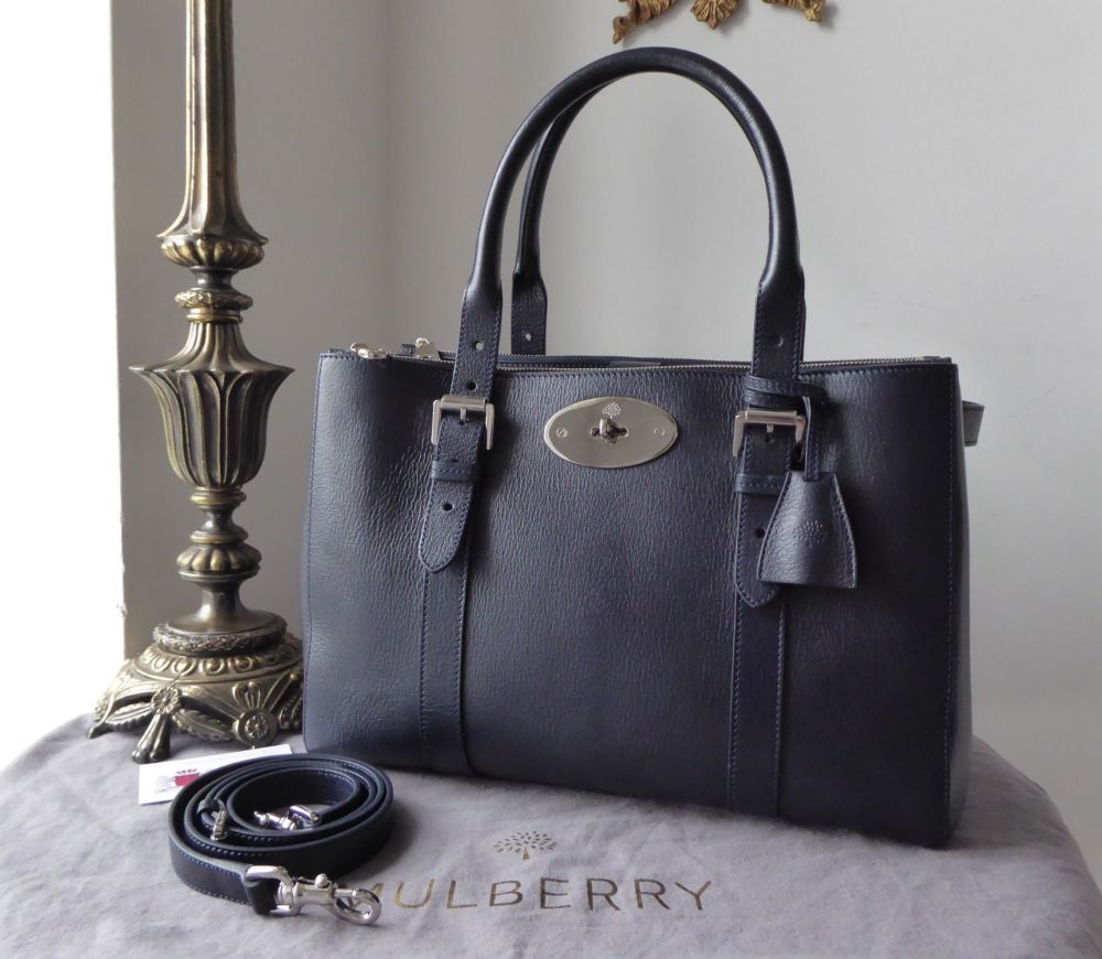Mulberry Large Bayswater Double Zip Tote in Midnight Blue Shiny Goat with S