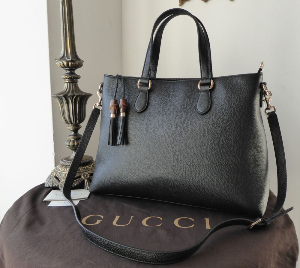 Gucci Tassel Bamboo Large Zip Tote in Black Grained Calfskin - SOLD