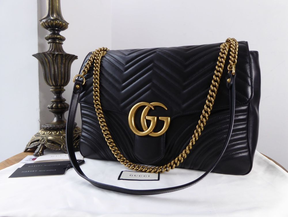 Gucci Large GG Marmont Flap Bag in Black Matelassé Calfskin - SOLD