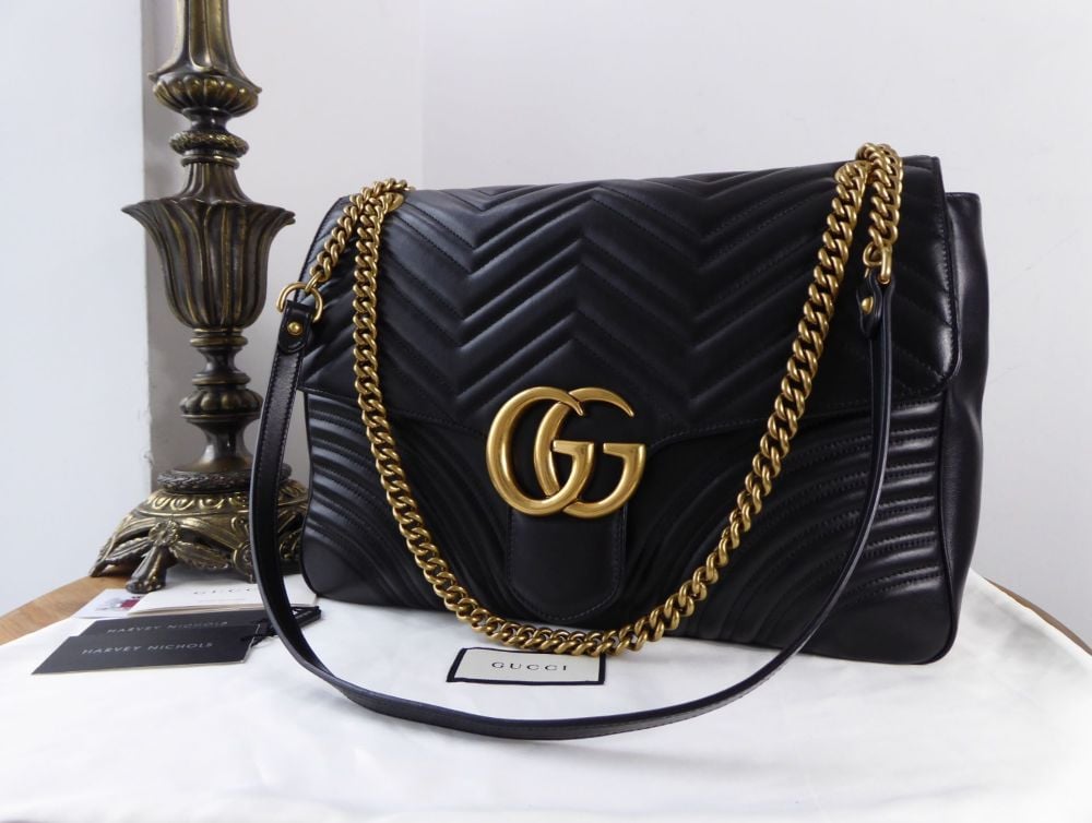 AUTHENTIC Gucci Black Calfskin Matelasse Large GG Marmont Shoulder