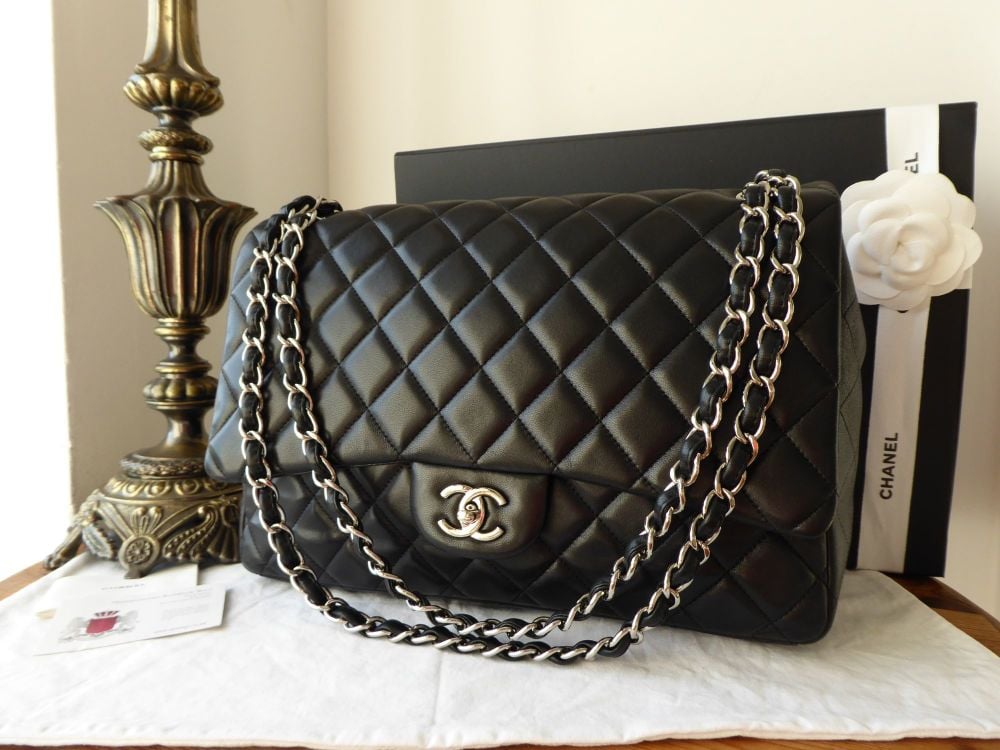 Chanel Maxi Single Flap in Black Lambskin with Shiny Silver Hardware